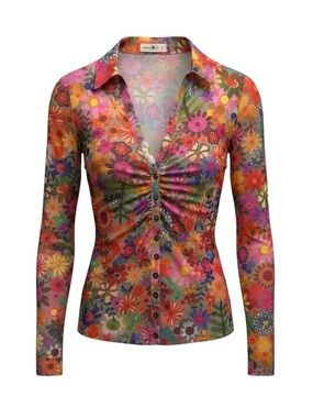 Natural Life Carina Mesh Top Bright Red Pink Floral Size XL